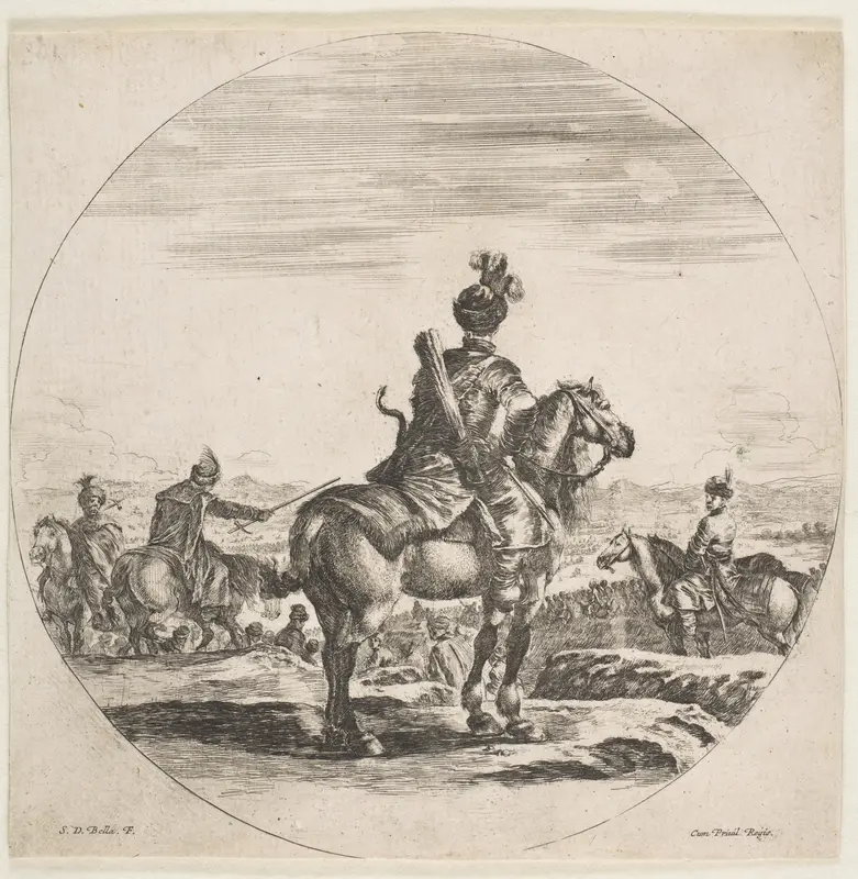 Polish horseman with a bow and arrow, seen from behind with his horse facing right, a circular composition, from "Figures on Horseback" (Cavaliers nègres, polonais et hongrois) Wall Art by Stefano della Bella - High-Resolution Digital Print