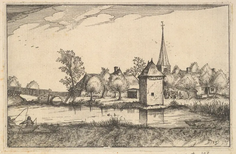 Pond and a Village, plate 15 from "Regiunculae et Villae Aliquot Ducatus Brabantiae" Wall Art by Claes Jansz. Visscher - High-Resolution Digital Print