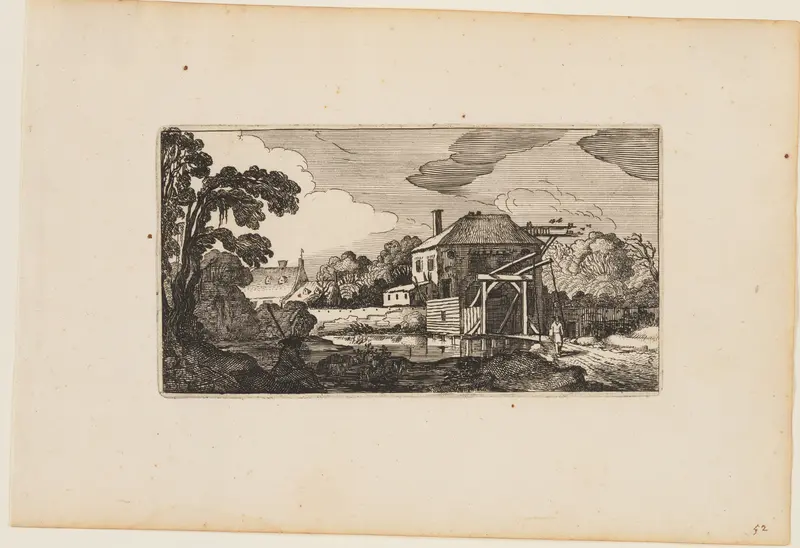Pond before Wooden Bridge and a House, from Twelve landscapes with Figures Wall Art by Gillis van Scheyndel - High-Resolution Digital Print