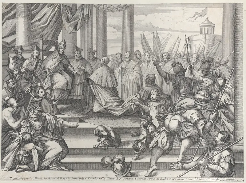Pope Alexander III presents Doge Ziani with standards and bugles after his defeat of Holy Roman Emperor Frederick I Barbarossa, from "Il gran Teatro di Venezia" (The great theater of Venice) Wall Art by Anonymous - High-Resolution Digital Print