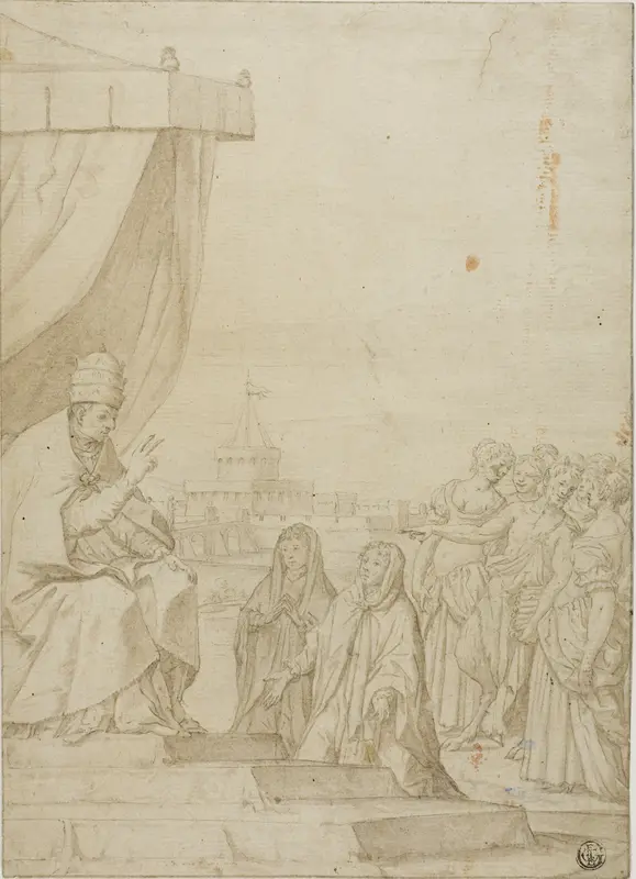 Pope Blessing Two Women in the Presence of Satyr and Assembled Women with Castel Sant Angelo in the Background Wall Art by Federico Zuccaro - High-Resolution Digital Print