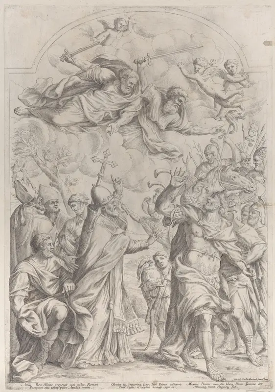 Pope Leo repulses Atilla from the gates of Rome and points to Saints Peter and Paul overhead Wall Art by Giuseppe Maria Mitelli - High-Resolution Digital Print