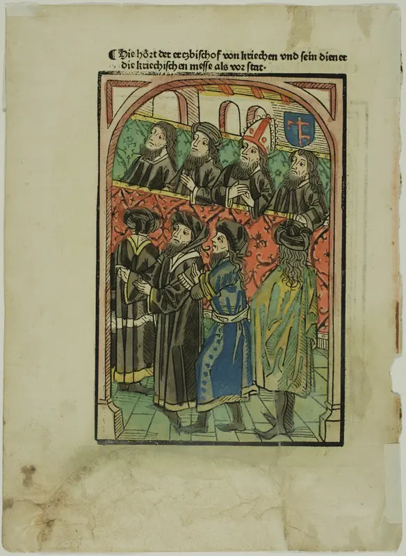 Pope Martin Conducting Mass from Conciliumbuch (recto); Greek Bishop and His Servant Hearing Mass (verso)