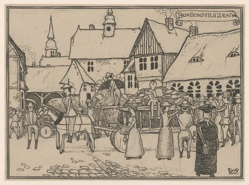Poppen laden wagens uit op de markt in Bonbonshuizen Wall Art by Unknown - High-Resolution Digital Print