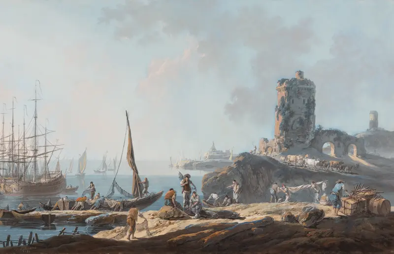 Port Scene in Calm Weather Wall Art by Jean Baptiste Pillement - High-Resolution Digital Print
