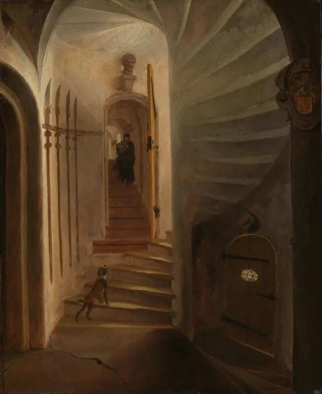 Portal of a stairway tower, with a man descending the stairs: presumably the moment before the assassination of William the Silent in the Ptinsenhof, Delft Wall Art by Unknown - High-Resolution Digital Print