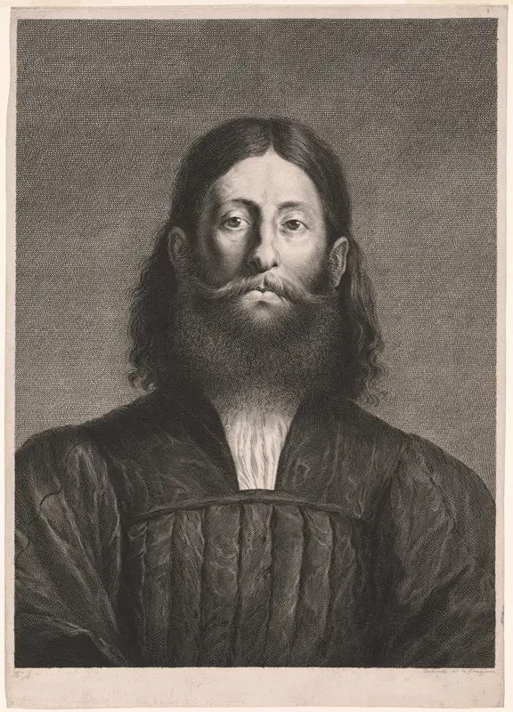 Portrait of a Bearded Man (so-called portrait of Giorgione), from Cabinet Reynst; Variarum imaginum a celeberrimis artificibus pictarum Caelaturae (Cabinet Reynst: Engravings of various images painted by famous artists) Wall Art by Cornelis van Dalen, II - High-Resolution Digital Print