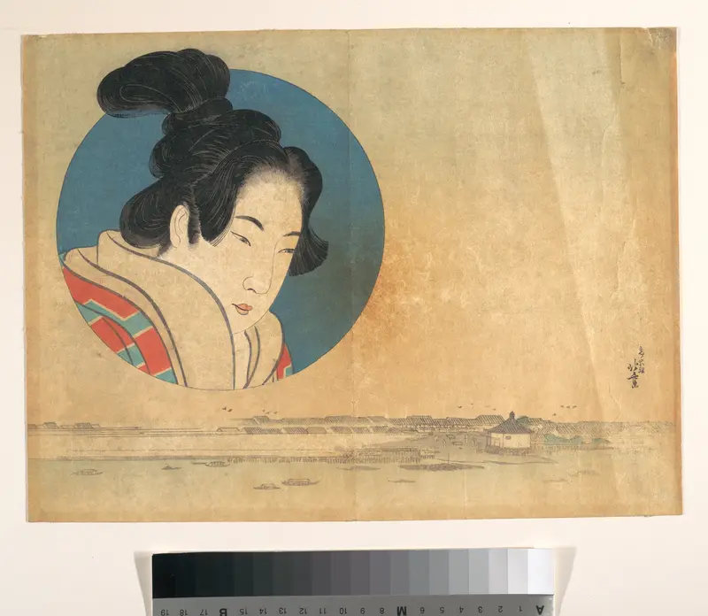 Portrait of a Woman in Large Circle with Landscape Below