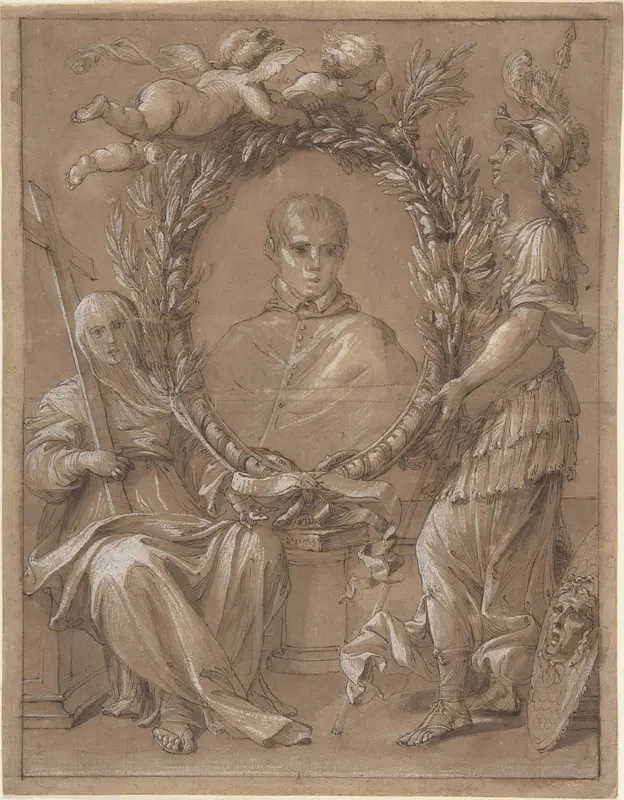 Portrait of an Ecclesiastic Flanked by a Female Saint and Athena Wall Art by Anonymous, Italian, 17th century - High-Resolution Digital Print