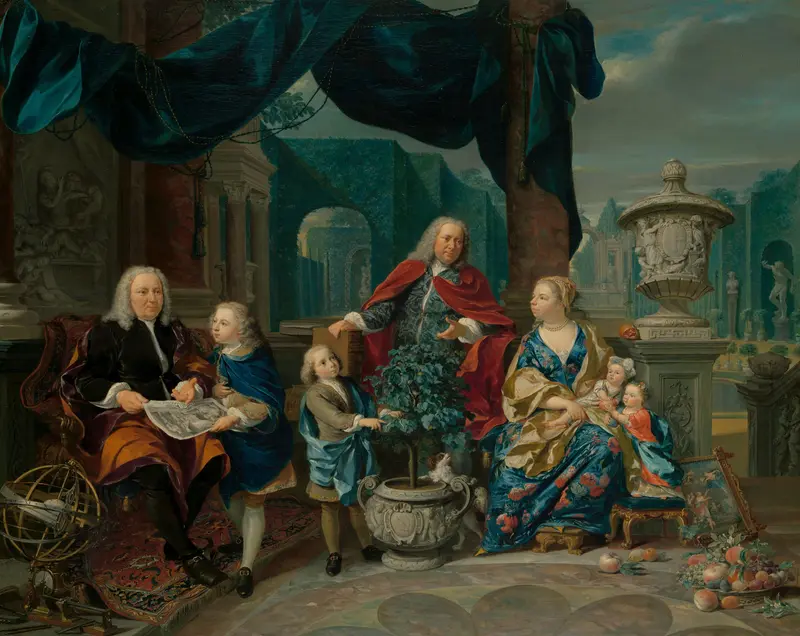 Portrait of David van Mollen and Son-in-Law Jacob Sydervelt with his Family Wall Art by Nicolaas Verkolje - High-Resolution Digital Print