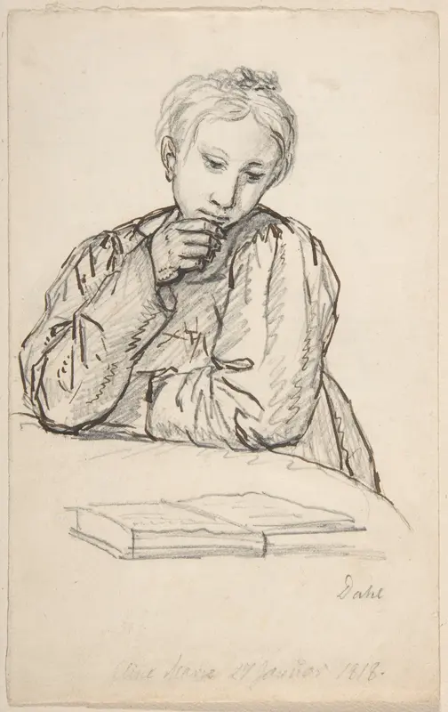 Portrait of Eline Marie Heger as a Child, Leaning on a Table, Looking at a Book Wall Art by Johan Christian Dahl - High-Resolution Digital Print