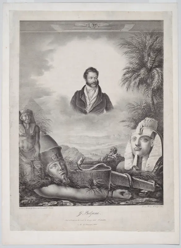 Portrait of Giovanni Baptista Belzoni, half-length, an Egyptian landscape below with pyramids and temples and statues including the head and arm of Amenhotep III Wall Art by M. Fabroni - High-Resolution Digital Print