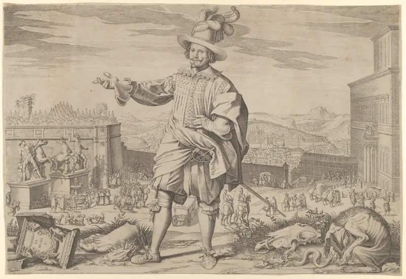 Portrait of Ioannes Altus (Johann Alten), of the Swiss Guard, standing by the Quirinal and pointing out the antiquities of Rome Wall Art by Francesco Villamena - High-Resolution Digital Print