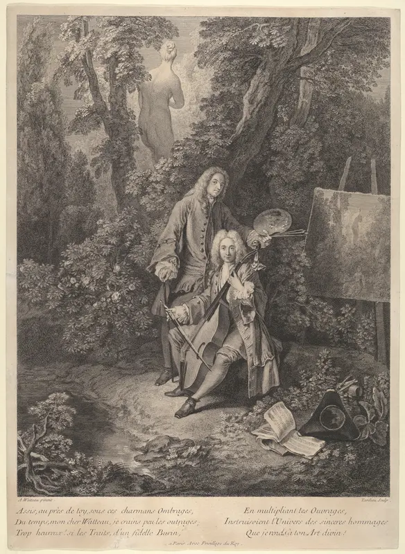 Portrait of Julienne and Watteau in Garden Playing Violincello Wall Art by Nicolas Henry Tardieu - High-Resolution Digital Print