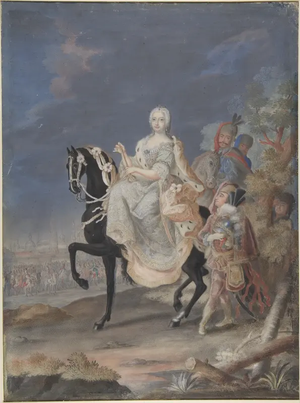 Portrait of Maria Theresa, queen of Hungary and Bohemia, on horseback Wall Art by Anonymous, French, 18th century - High-Resolution Digital Print