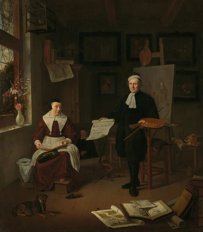 Portrait of Michiel Comans (1614-1687), calligrapher, etcher, painter and schoolmaster, with his third wife Elisabeth van der Mersche Wall Art by Michiel van Musscher - High-Resolution Digital Print
