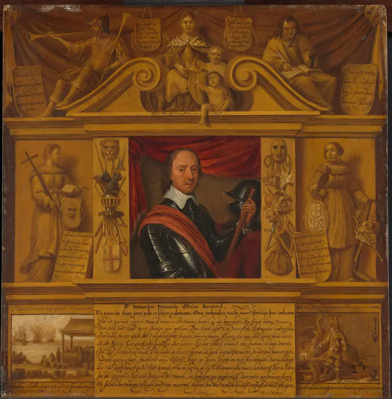 Portrait of Oliver Cromwell, in a Frame with Allegorical Figures and Historical Representations Wall Art by anonymous - High-Resolution Digital Print