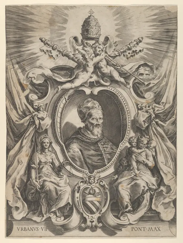 Portrait of Pope Urban VII in a decorative border Wall Art by Cherubino Alberti (Zaccaria Mattia) - High-Resolution Digital Print