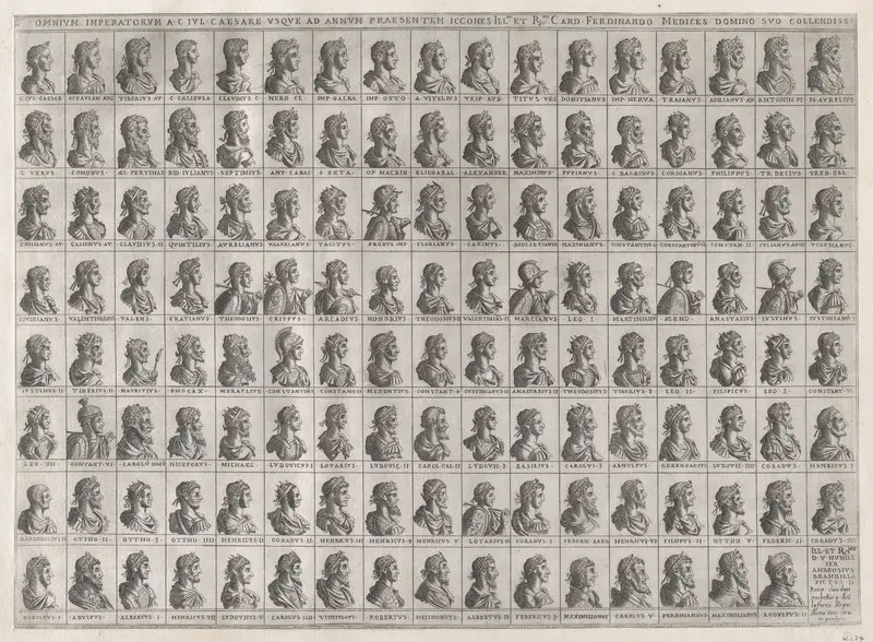 Portraits of the Emperors from Julius Caesar to Rudolf II, from "Speculum Romanae Magnificentiae" Wall Art by Giovanni Ambrogio Brambilla - High-Resolution Digital Print