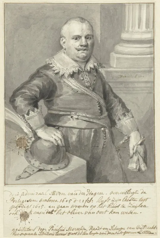 Portret van admiraal Steven van der Hagen of Olivier van Noort, staande bij een tafel met een helm Wall Art by Aert Schouman - High-Resolution Digital Print
