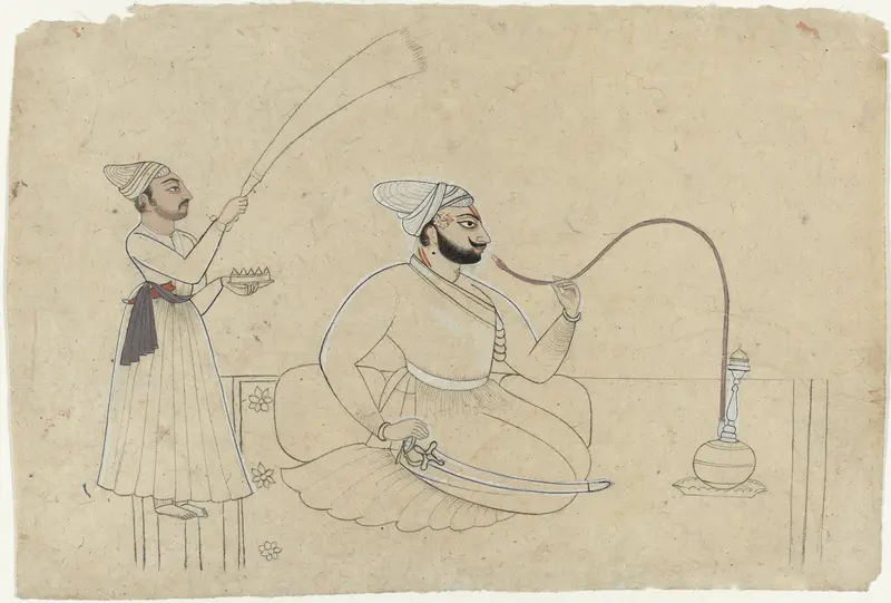 Portret van Ajmat Dev van Mankot, een hookah (waterpijp) rokend, achter hem een bediende met een waaier Wall Art by anonymous - High-Resolution Digital Print