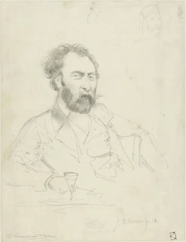 Portret van de kunstschilder Salomon Leonardus Verveer, zittend achter tafel met een glaasje Wall Art by Johan Daniël Koelman - High-Resolution Digital Print