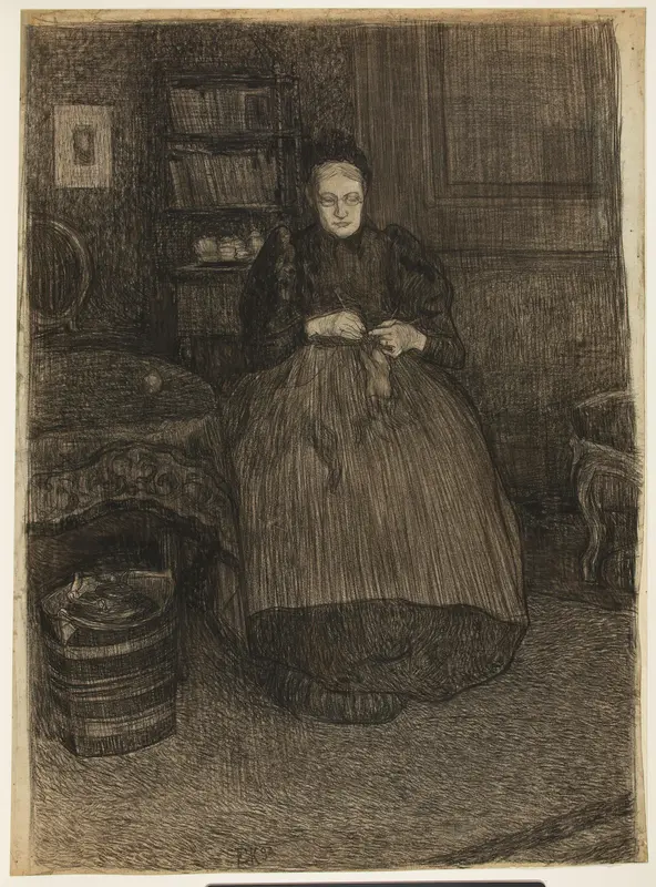 Portret van de moeder van de kunstenaar (?), breiend in een interieur Wall Art by Edzard Koning - High-Resolution Digital Print