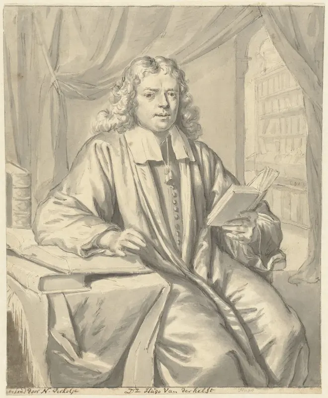 Portret van Dr. Hugo van der Helst in een studeervertrek Wall Art by Nicolaas Verkolje - High-Resolution Digital Print