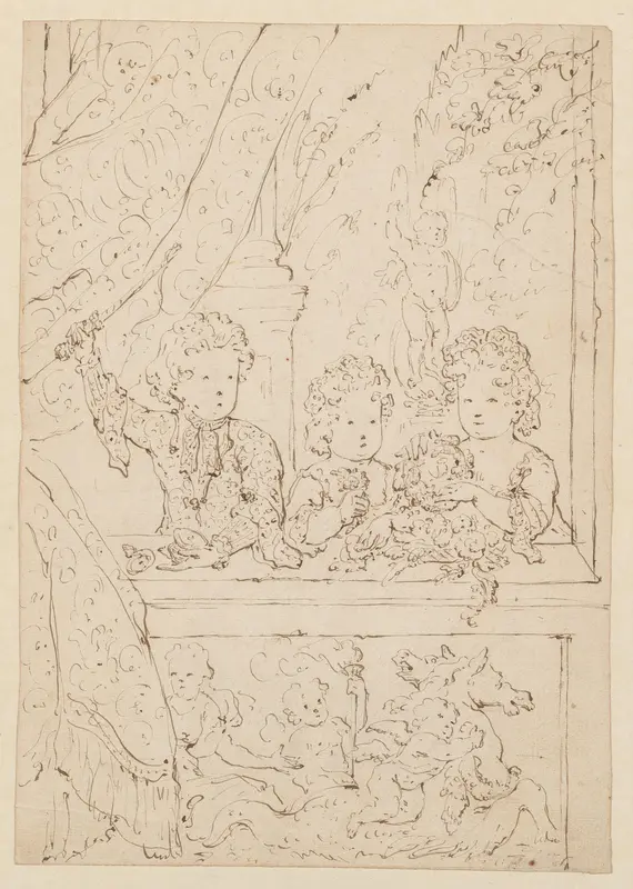 Portret van drie kinderen achter een vensterbank met reliëf Wall Art by Unknown - High-Resolution Digital Print