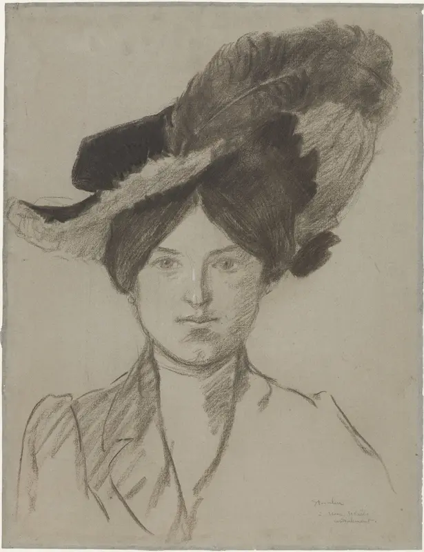 Portret van een dame met brede hoed met veren, van voren gezien Wall Art by Théophile Alexandre Steinlen - High-Resolution Digital Print