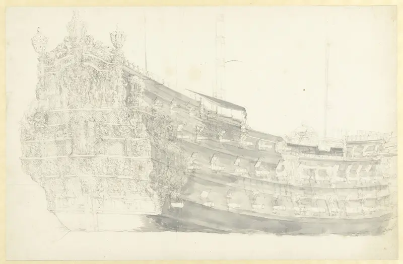 Portret van een (gefantaseerd?) Engels schip met Justitia op de spiegel Wall Art by Willem van de Velde (I) - High-Resolution Digital Print