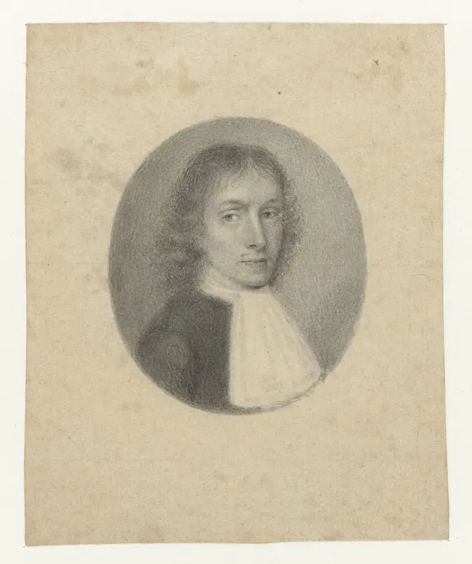 Portret van een heer met een lange witte bef, in een ovaal Wall Art by Christiaan Huygens (II) - High-Resolution Digital Print