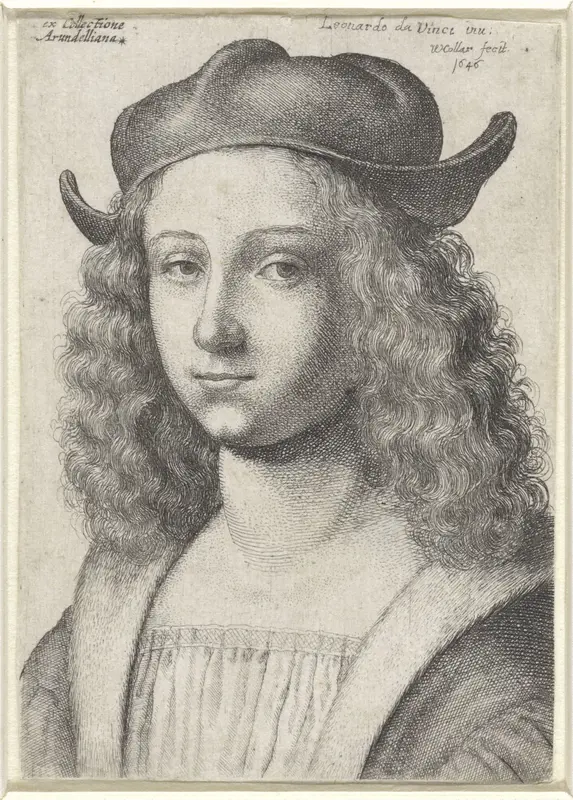 Portret van een jonge man met lang krullend haar en een muts Wall Art by Unknown - High-Resolution Digital Print