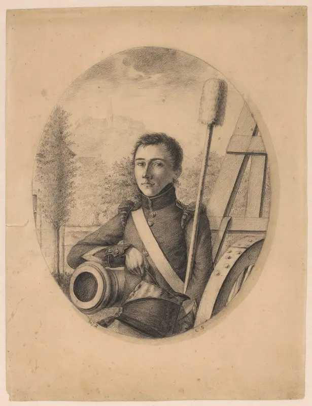 Portret van een jonge militair, kepi in de rechterhand, steunend op een kanonsloop (zelfportret?) Wall Art by Christian Heinrich Gottlieb Steuerwald - High-Resolution Digital Print