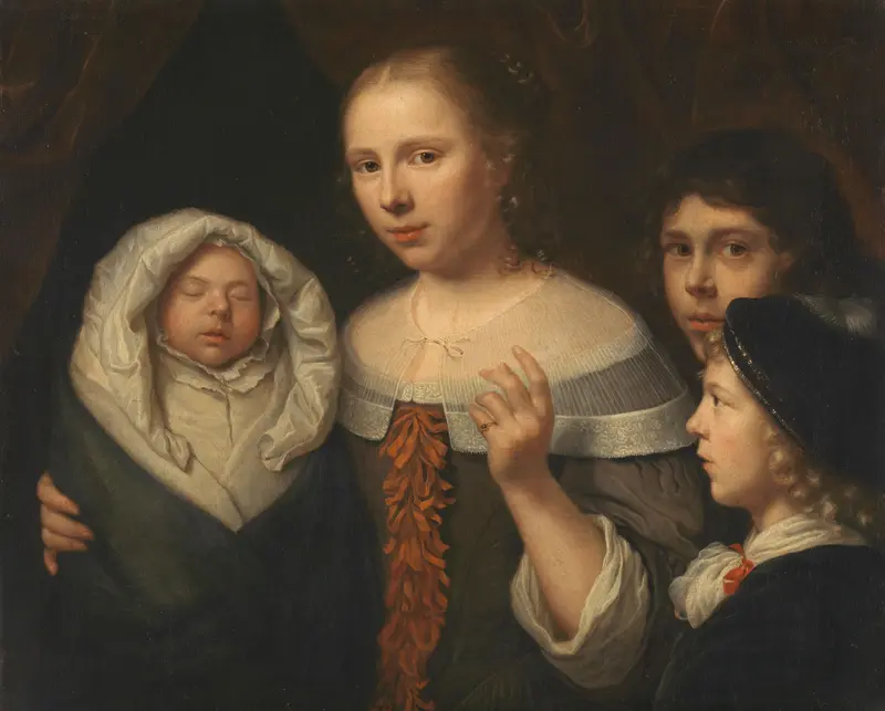 Portret van een jonge vrouw met drie kinderen Wall Art by Wallerant Vaillant - High-Resolution Digital Print