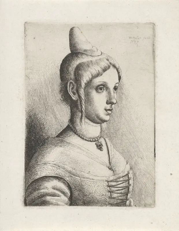 Portret van een jonge vrouw met een kegelvormig hoedje Wall Art by Unknown - High-Resolution Digital Print