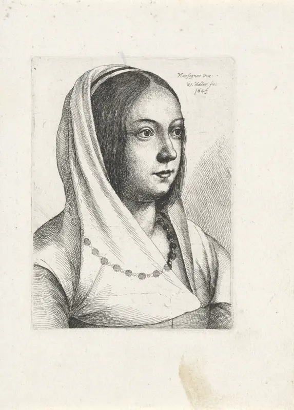 Portret van een jonge vrouw met hoofddoek Wall Art by Unknown - High-Resolution Digital Print