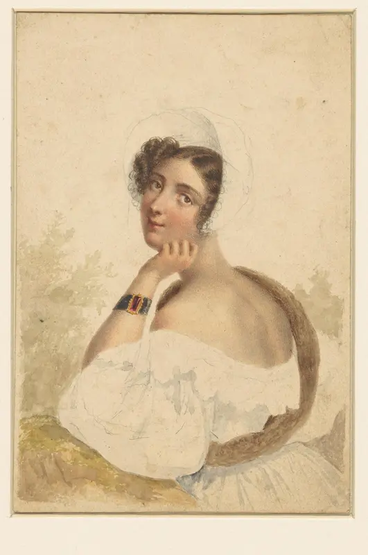 Portret van een jonge vrouw met kapje, half op de rug gezien, de beschouwer aankijkend Wall Art by anonymous - High-Resolution Digital Print