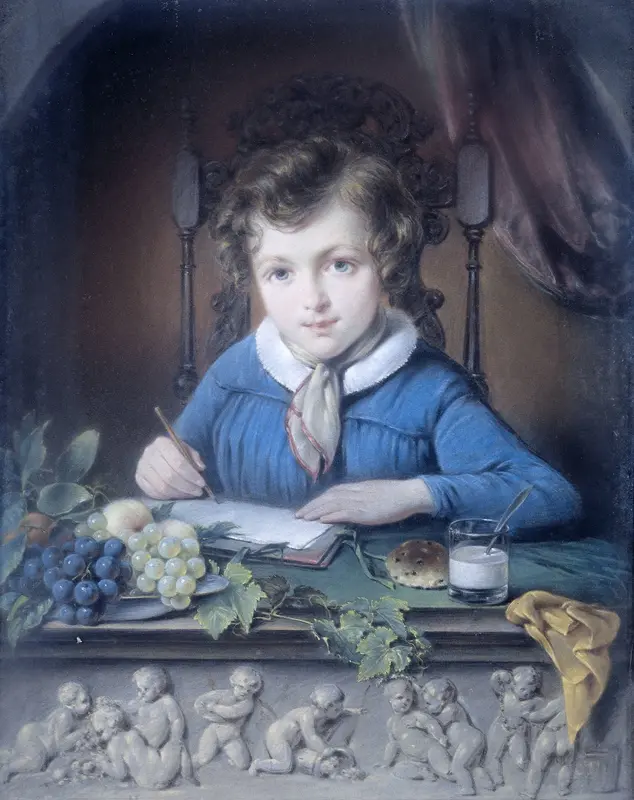 Portret van een jongen, zittend in een raamnis en gekleed in een blauw jasje Wall Art by Unknown - High-Resolution Digital Print