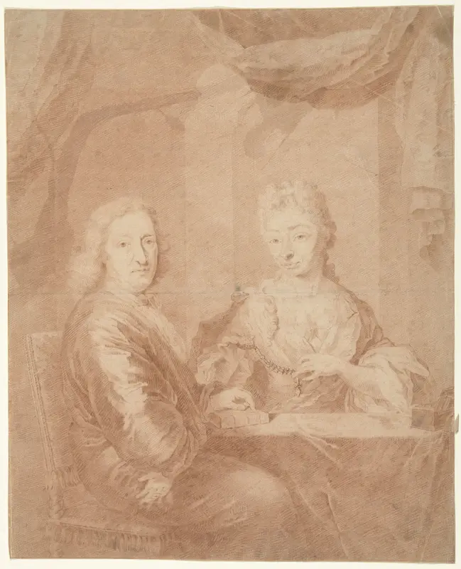 Portret van een man en vrouw aan een tafel Wall Art by anonymous - High-Resolution Digital Print
