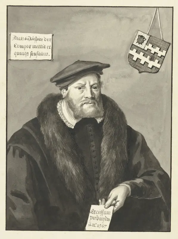 Portret van een man met bontkraag en pet, met het familiewapen van Van Slingelandt Wall Art by Aert Schouman - High-Resolution Digital Print