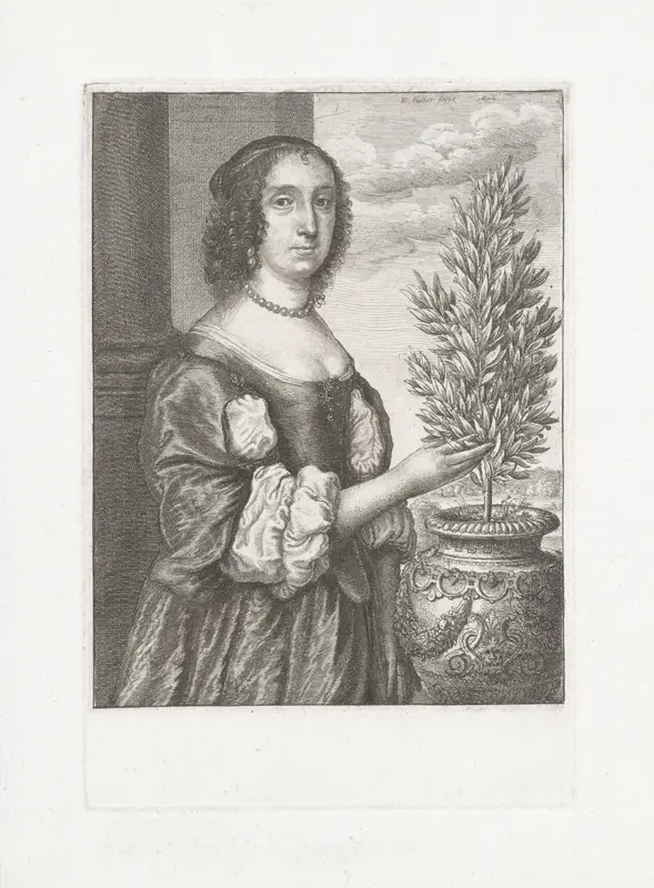Portret van een staande vrouw naast een laurierplant Wall Art by Unknown - High-Resolution Digital Print