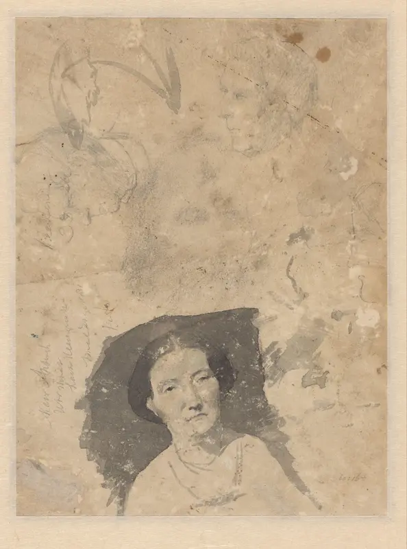 Portret van een vrouw en twee schetsen van een manskop Wall Art by Unknown - High-Resolution Digital Print
