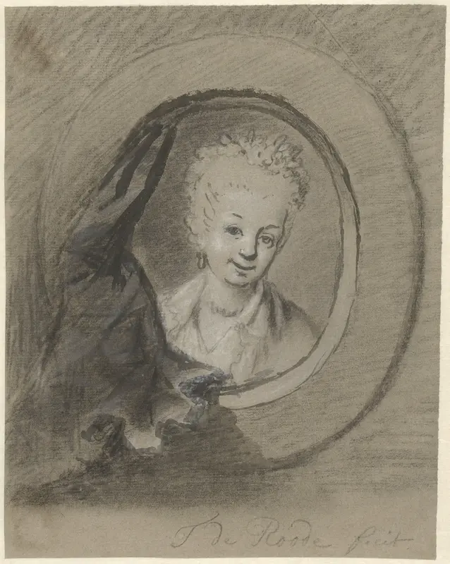 Portret van een vrouw, in een ovale lijst met gordijntje Wall Art by Theodorus de Roode - High-Resolution Digital Print