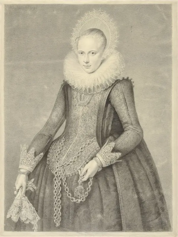 Portret van een vrouw met handschoenen en ketting met houder voor een bezoarsteen (?) Wall Art by Unknown - High-Resolution Digital Print