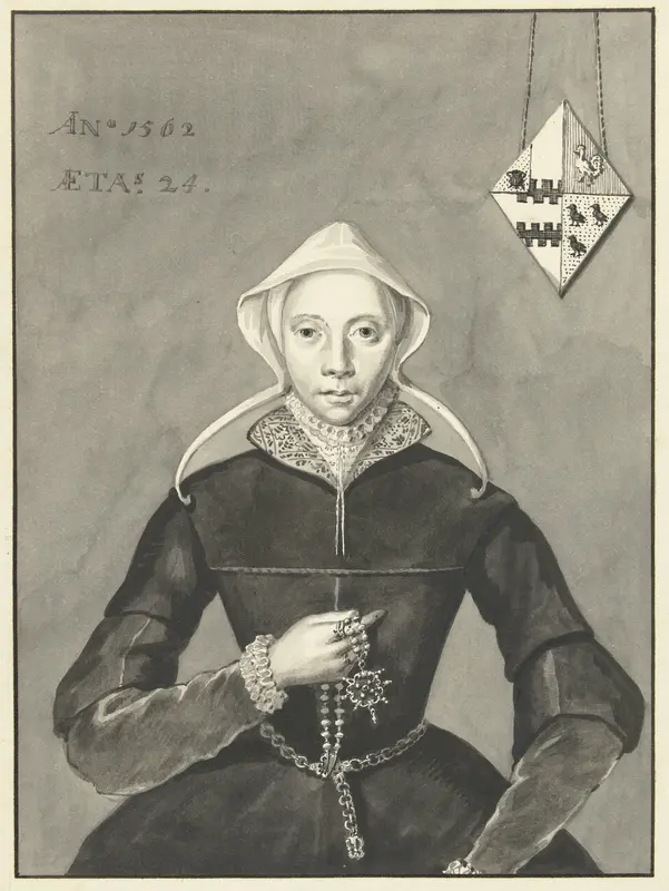 Portret van een vrouw met het wapen Van Slingelandt-Brouwer Wall Art by Aert Schouman - High-Resolution Digital Print