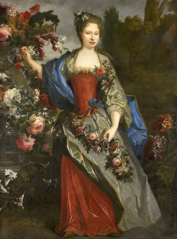 Portret van een vrouw, volgens traditie Marie-Louise Elisabeth d'Orléans (1695-1719), duchesse de Berry, als Flora Wall Art by Unknown - High-Resolution Digital Print