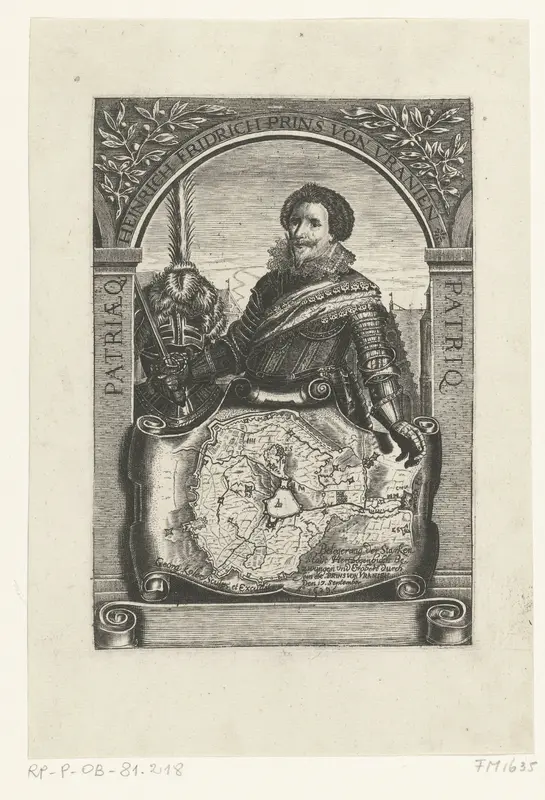 Portret van Frederik Hendrik met een kaart van het beleg van Den Bosch in 1629 Wall Art by Unknown - High-Resolution Digital Print