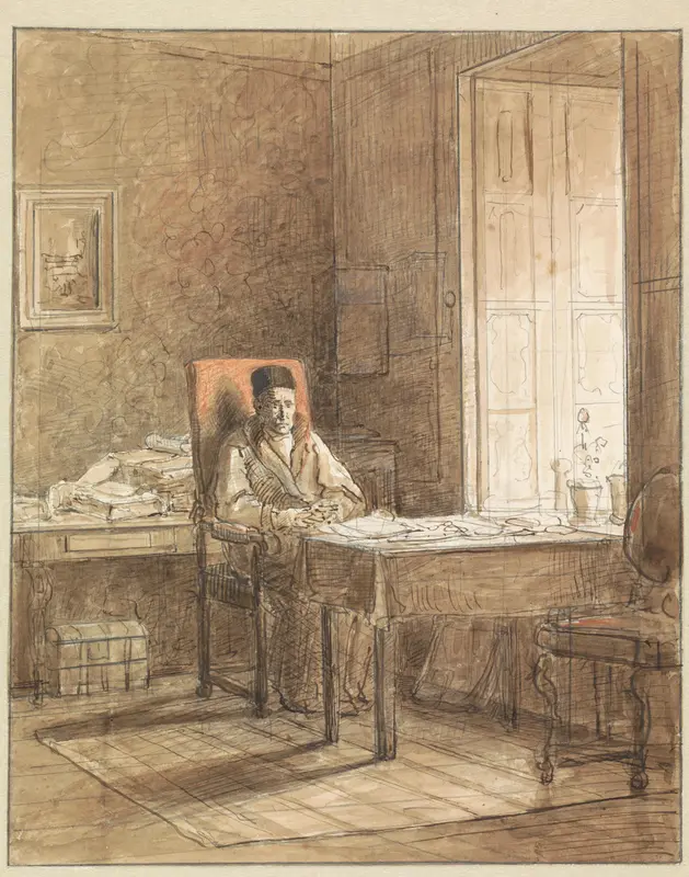 Portret van Gerrit Lamberts, zittend in een leunstoel in het Prentenkabinet Wall Art by Jacobus Ludovicus Cornet - High-Resolution Digital Print