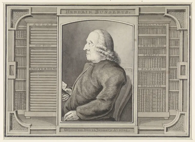 Portret van Hendrik Busserus, omlijst met boekenkasten Wall Art by Unknown - High-Resolution Digital Print